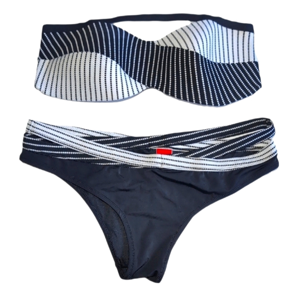 Yamamay Striped Bikini Set 36B Strapless 2pc Black White Crossover Split Waist